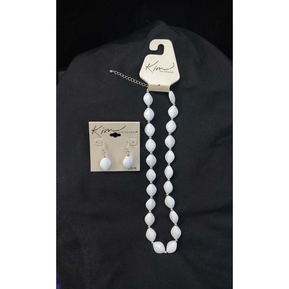 Kim Rogers Necklace Earrings Set White Jewelry Silver Tone Beaded Classic Gift 3